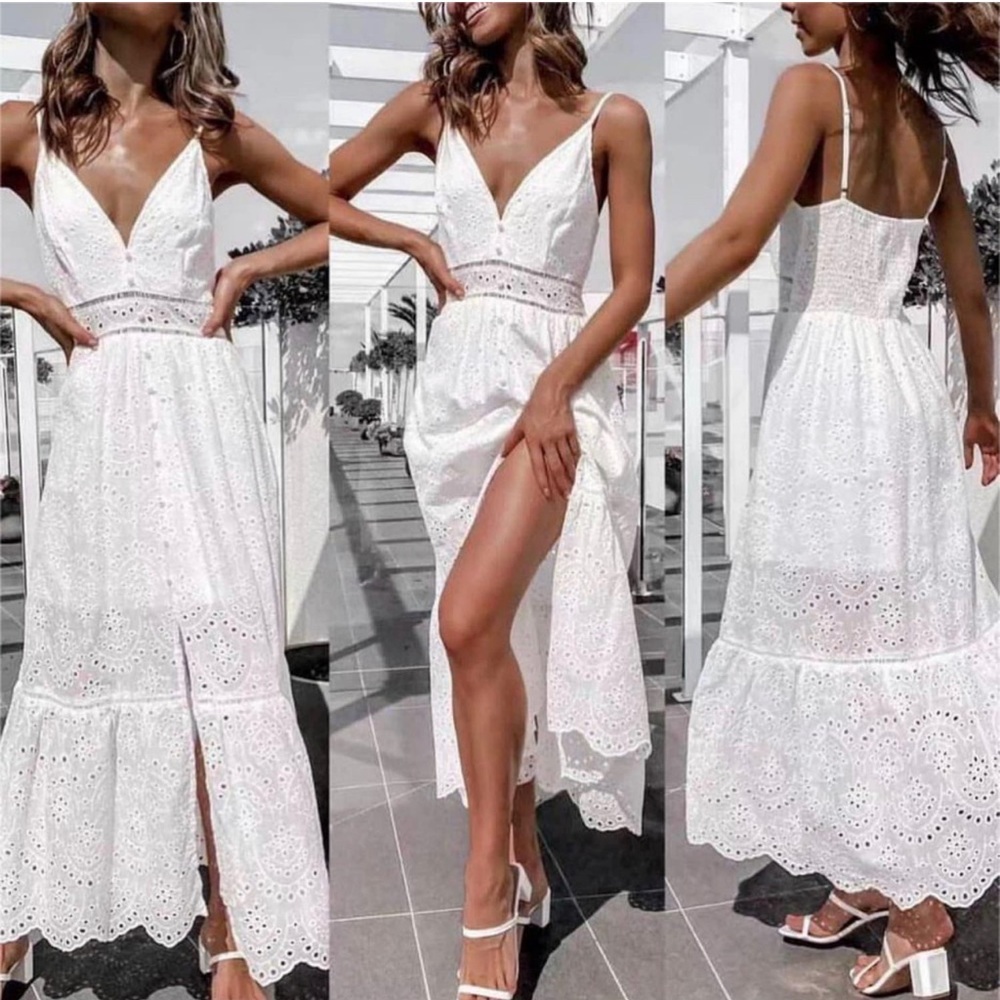 Embroidery Pearl Button Down Dress V Neck Spaghetti Strap Maxi Dress